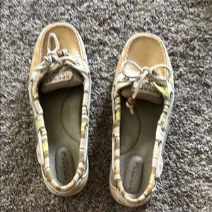 Beige Boat Shoes with Patterned Trim